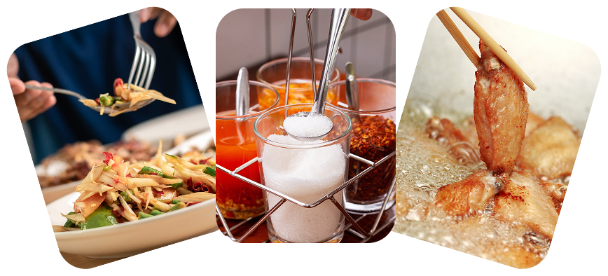 Thai Food Collage - Som Tum, Condiments, and Fried Chicken
